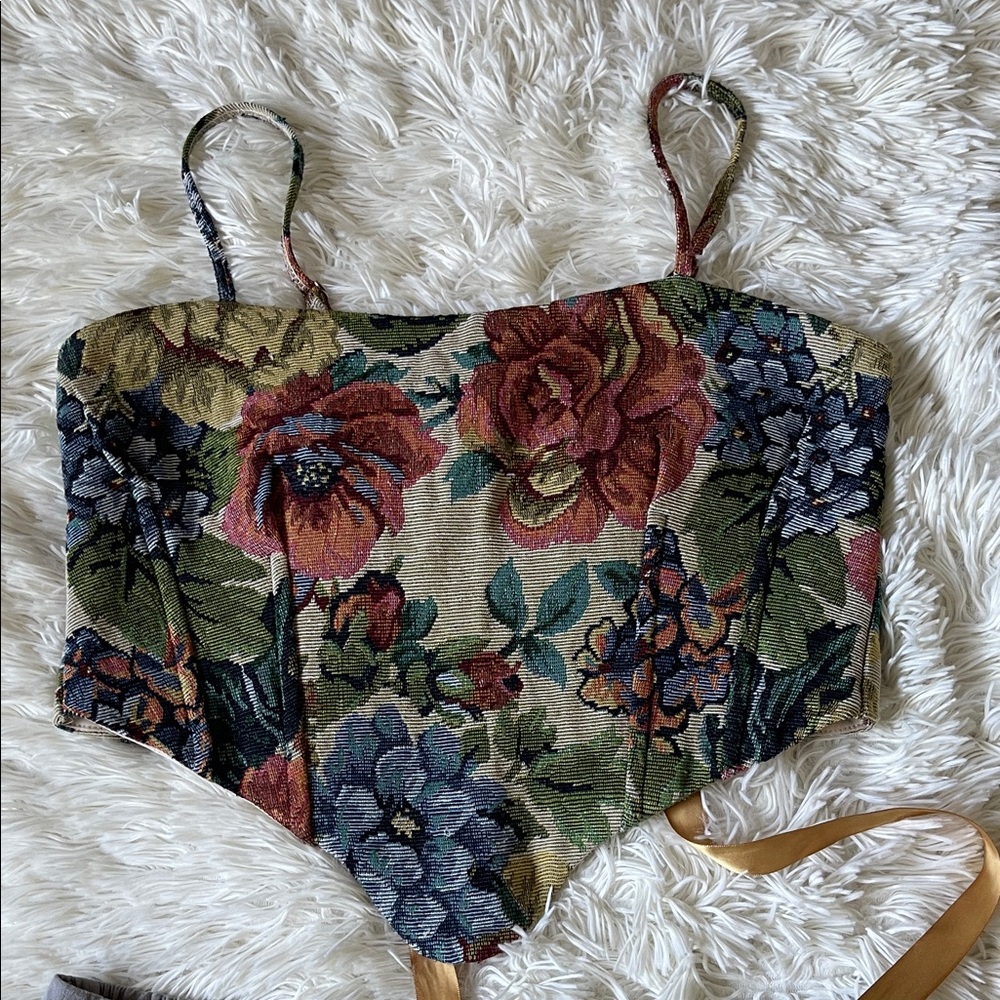 Floral Tapestry Crop Top with Spaghetti Straps
